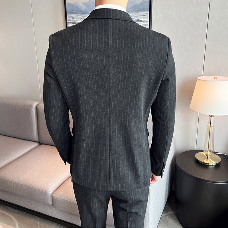 (Jacket Vest + Pants) Brand Boutique Striped Thick Mens Slim Casual Business Double-Breasted Suit 3Pcs Set Groom Wedding Dress