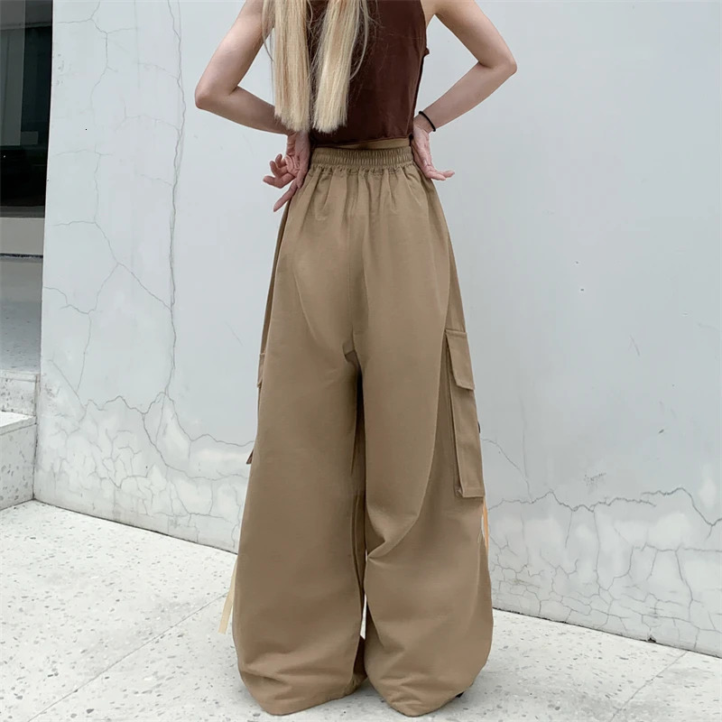 Cotton High Street Cargo Pants for Women Men with Ribbon High Waist Wide Leg Hip-hop Cool Dances Pants Ladies 241031