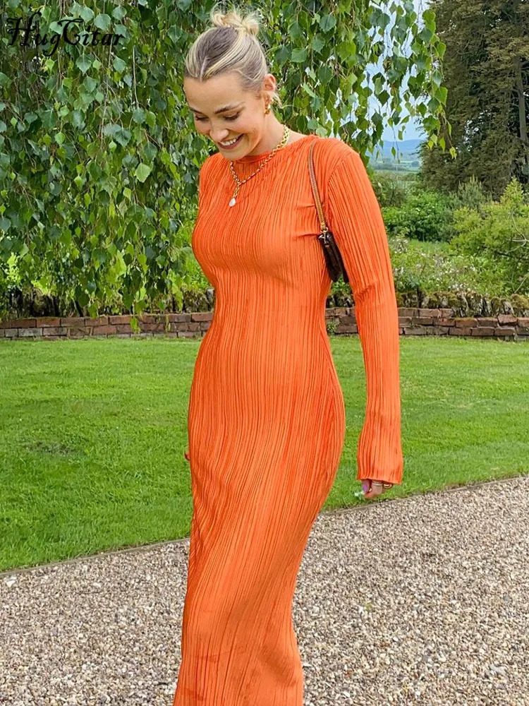 Hugcitar Women Elegant Ribbed Solid O Neck Long Sleeve Maxi Prom Dress Fall Sexy Bodycon Evening Birthday Party Y2K Robe 241031