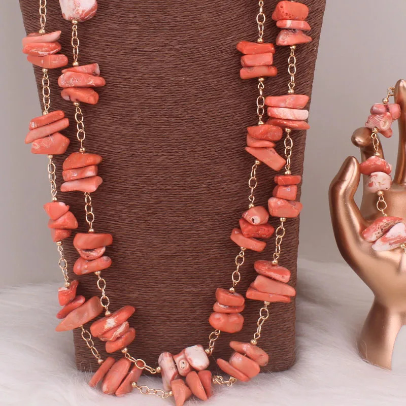 Dudo Orange Long n African Coral Beads Nigerian Womens Jewelry Set 241031