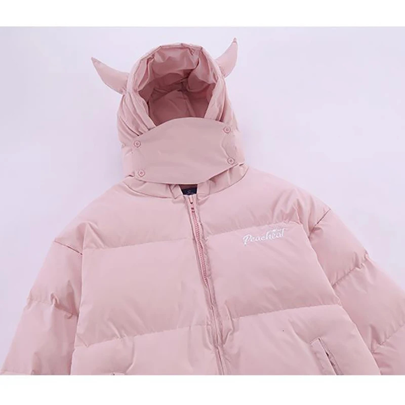 Hooded Parkas Men Winter Devils Horn Solid Color Cotton Padded Jackets Women Loose Hip Hop Harajuku Puffer Bubble Outwear Coats 241031