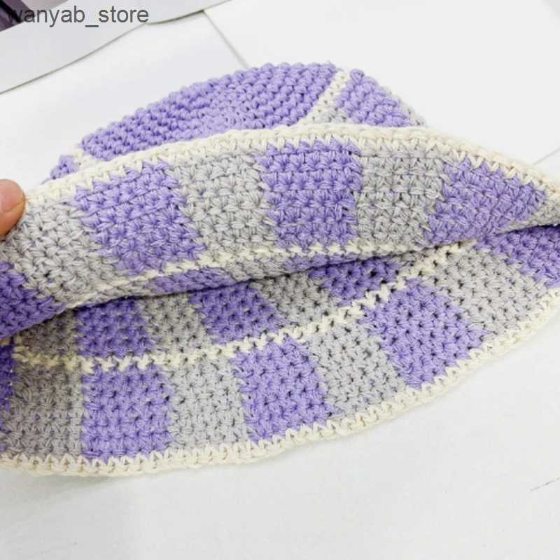 Wide Brim Hats Bucket Hats Handmade Stripe Crochet Knitted Bucket Hat Thermal Tub Hat Vintage Cold Cap Spring Autumn Wool Basin Hat Y2K L240910