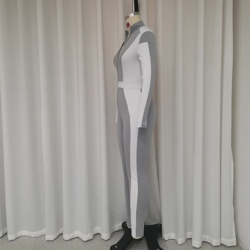 Wefads Women Jumpsuit Autumn Fashion Lapel Long Sleeve Color Block Zipper Romper Casual Bodycon Tracksuit High Streetwear 241031
