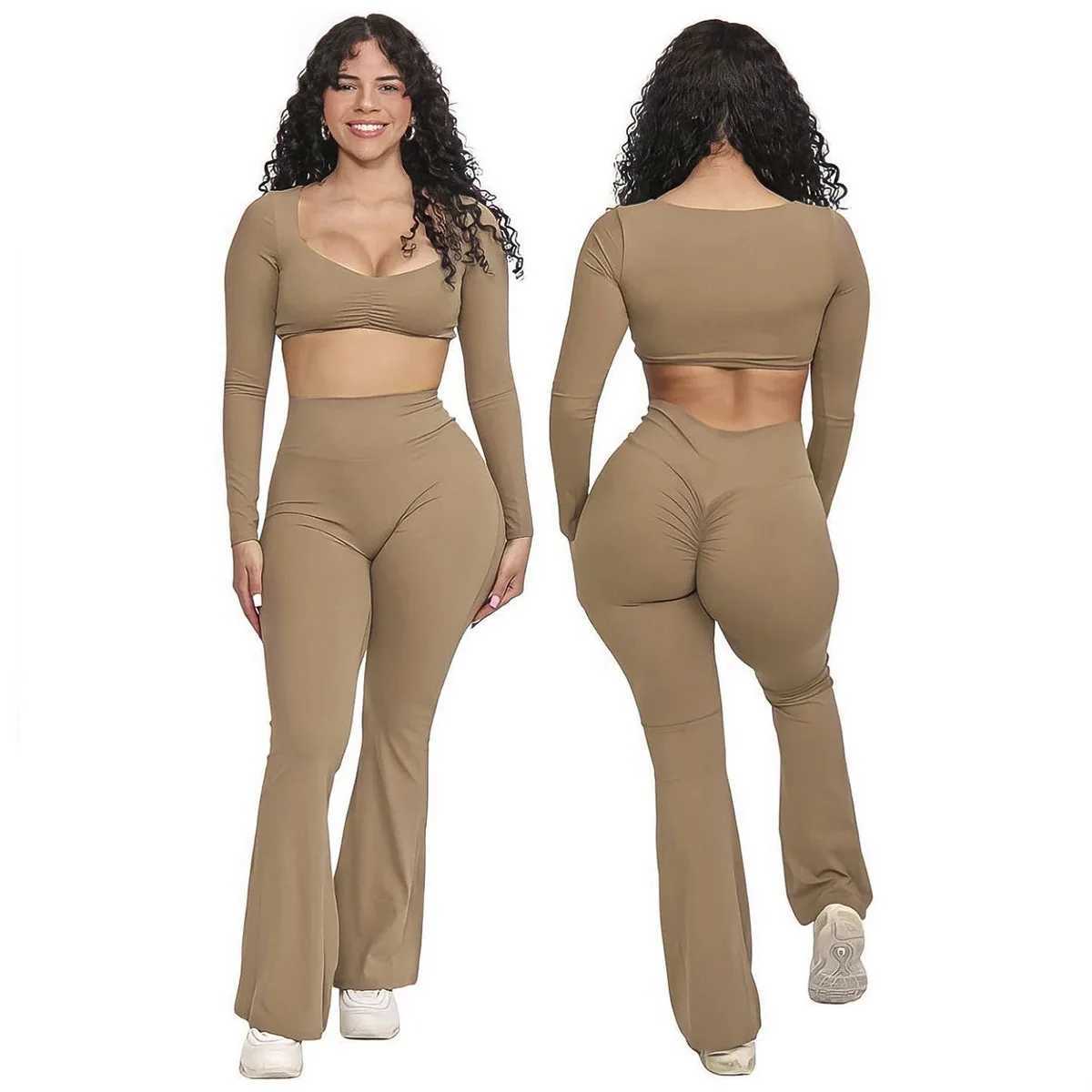 Long Sleeve top Flared Pants Fitness Suits Sell Separately Sports Gym Training Yoga 2 Piece Sets Womens Outfits Workout ClothesXJ250109