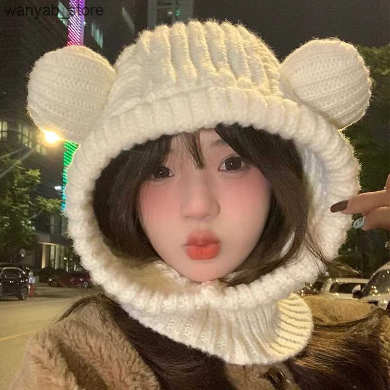 Wide Brim Hats Bucket Hats Cartoon Bear Women Hooded Beanies Winter Warm Ear Protection Scarf Cap Korean Solid Wool Knitted Hat Outdoor Windproof Head