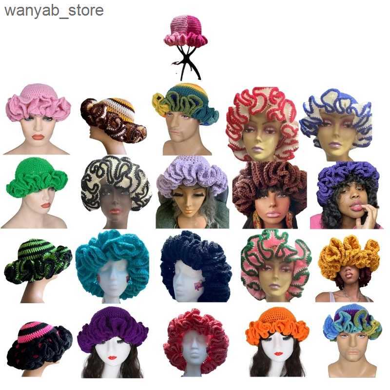 Wide Brim Hats Bucket Hats Adult Crochet Bucket Hat Handmade Ruffled Brim Fisherman Hat Windproof Hat L240910