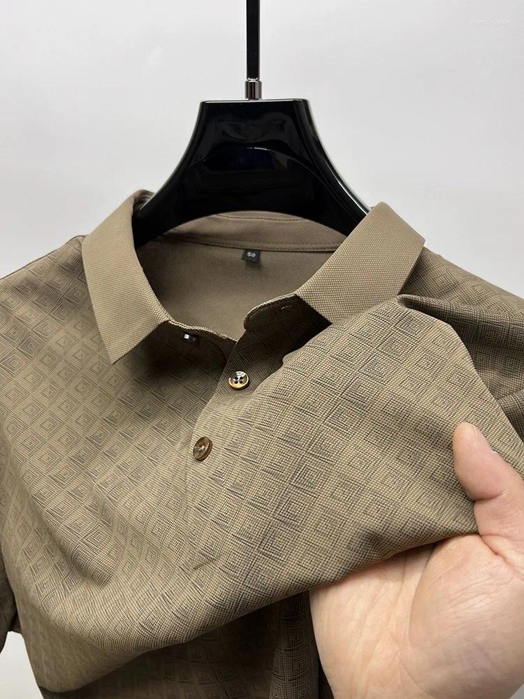 Men's Polos 2024 Summer High End Fashion Checker Printed Ice Silk Short Sleeved POLO Shirt Trendy Lapel Casual T-shirt Breathable Top