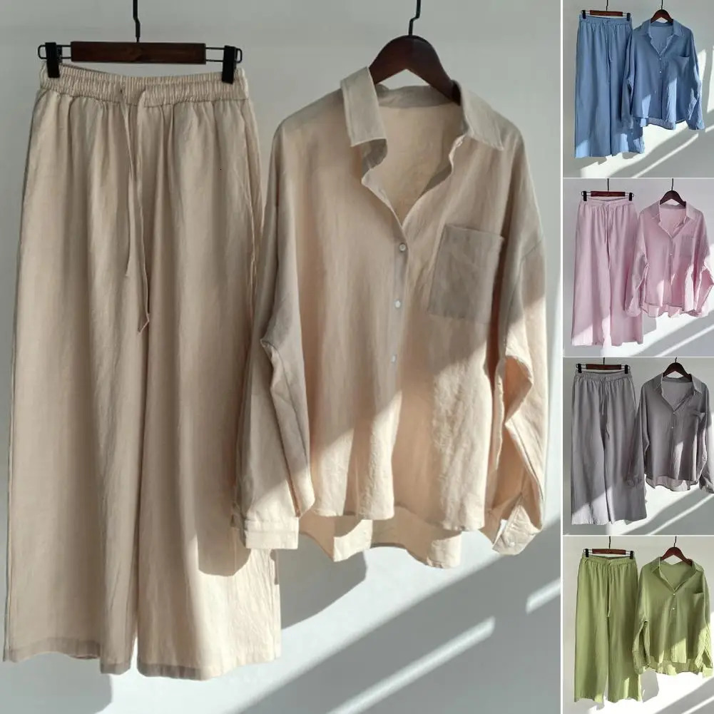 2 PcsSet Fabulous Women Blouse Trousers Set Turndown Collar Tops Pants Suit Drawstring Two Pieces 240329