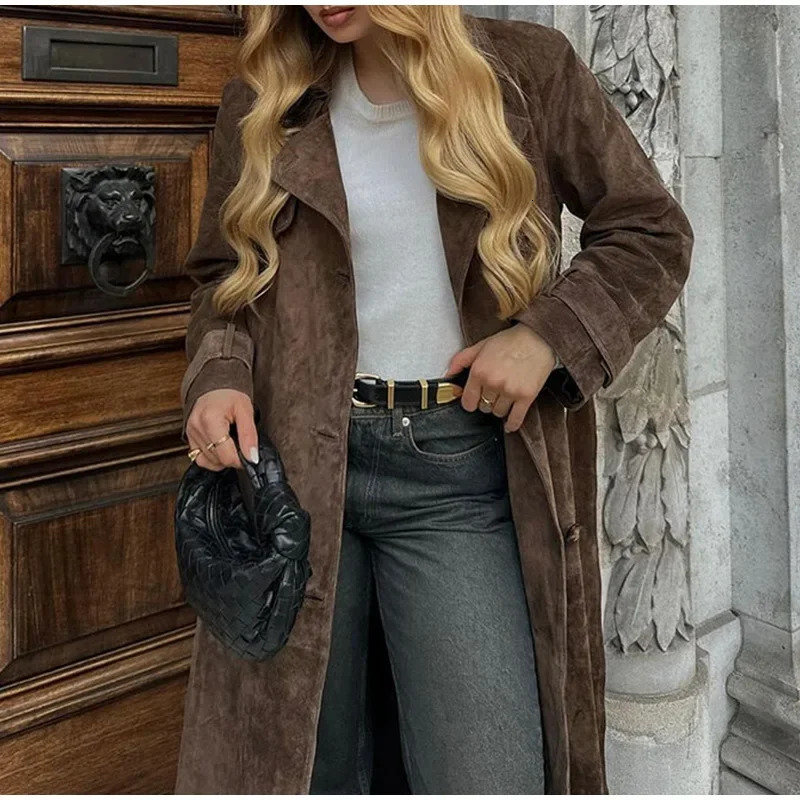 Suede womens long windproof coat full sleeved coat high street coat fashion belt brown autumn and Wi Fi 241031