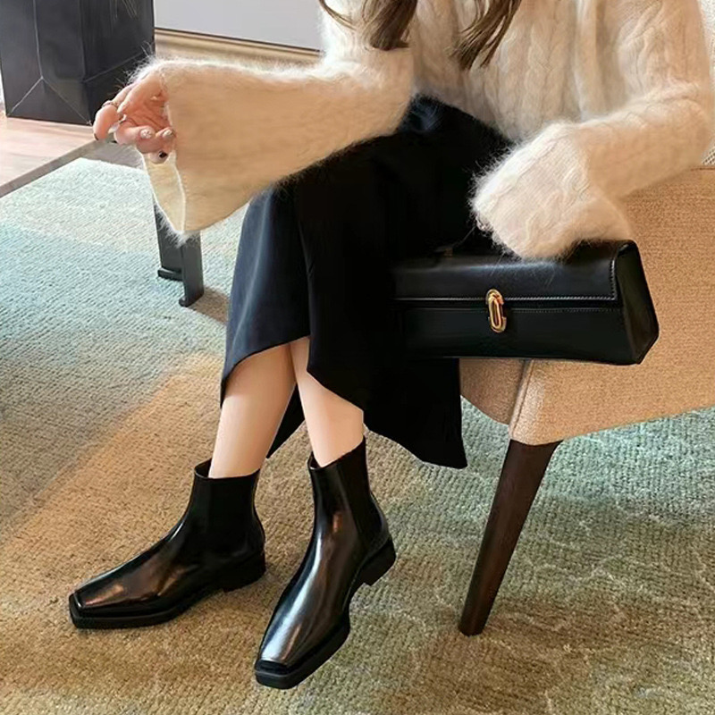 2025 new Women Ankle Platform Fashion Metal Square Toe Back Zipper Ladies Flats Heel Short High Quality Woman Boots Shoes