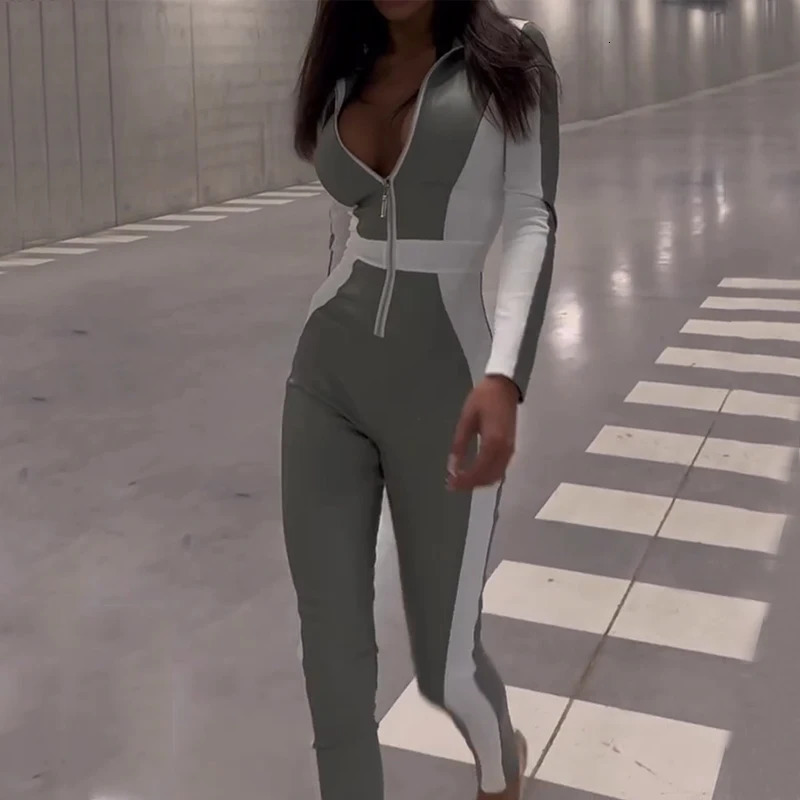 Wefads Women Jumpsuit Autumn Fashion Lapel Long Sleeve Color Block Zipper Romper Casual Bodycon Tracksuit High Streetwear 241031