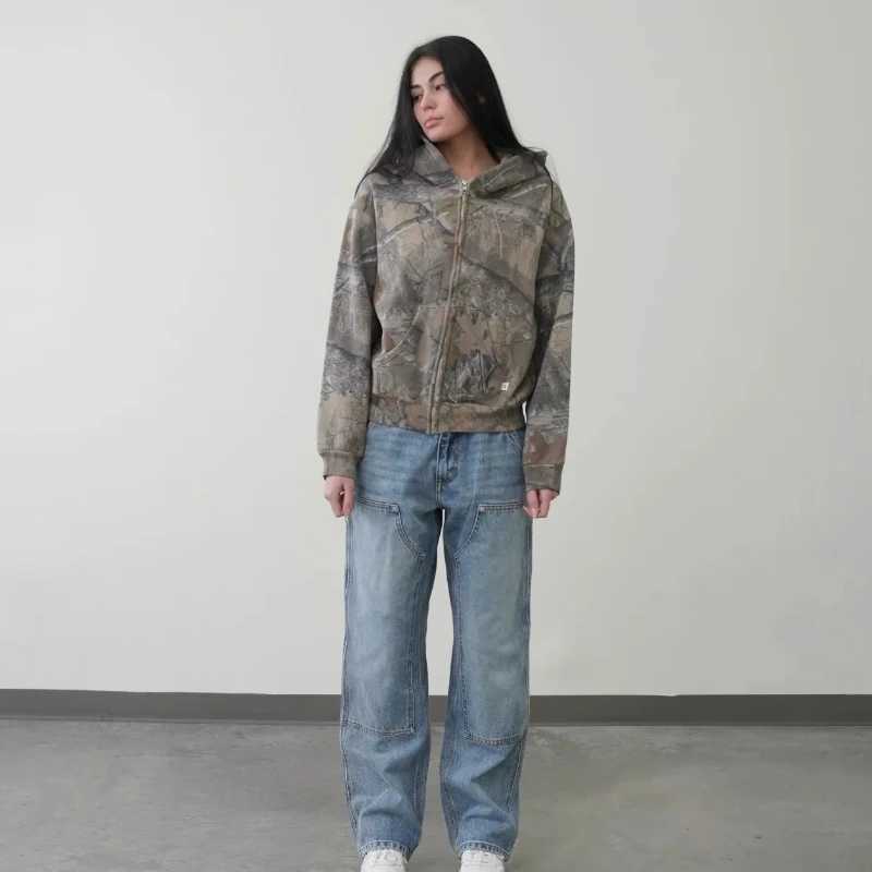 Y2K Retro zip up Hoodie Men Camouflage Pattern zipper Sweatshirt High Strt Hip Hop Strtwear Oversized Unisex Camo Hoodie X250227