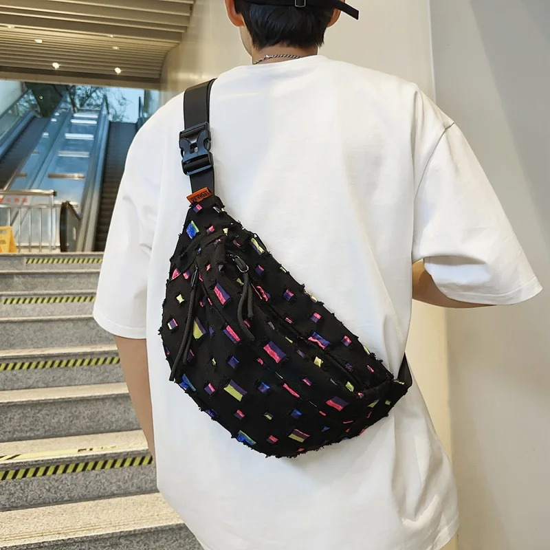 cracked hole hip-hop punk Fanny bag mens large capacity canvas single shoulder cross body bag 241031