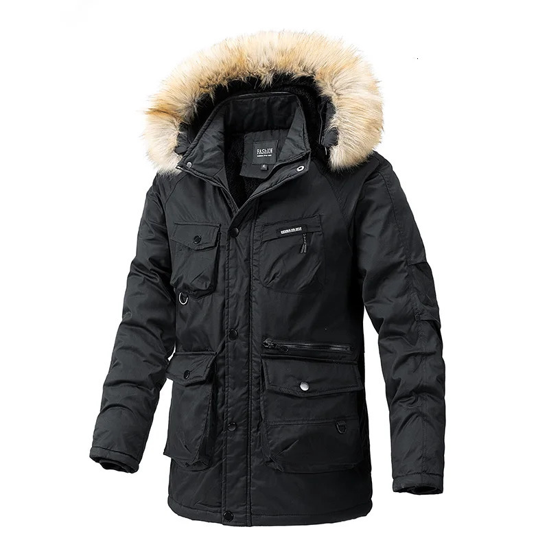 Mens padded Clothing Autumn Winter Fashion Warm Thickened Outdoor Hooded Fur Collar Trench Coat Medium Length Jacket 241031