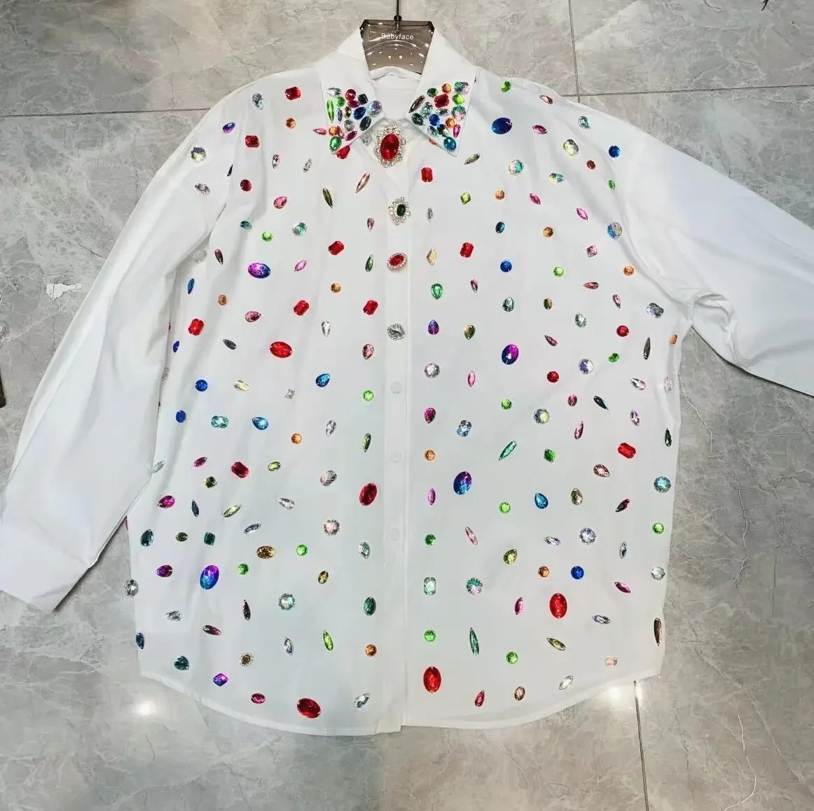 Female Rainbow Color Diamonds Shirts Rhinestones Beaded White Blouse Spring Fall Single Breasted Vintage OL Cardigan Tops Blusas 240321