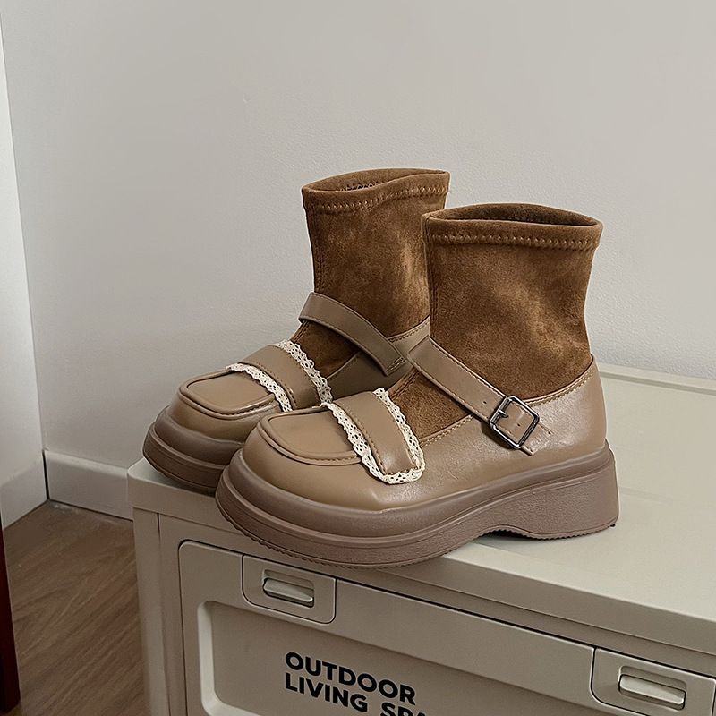 Women's Fashion Boots:British Style Thick Sole Increase Height Martin Boots Winter New Versatile,Black/Khaki,Free shipping
