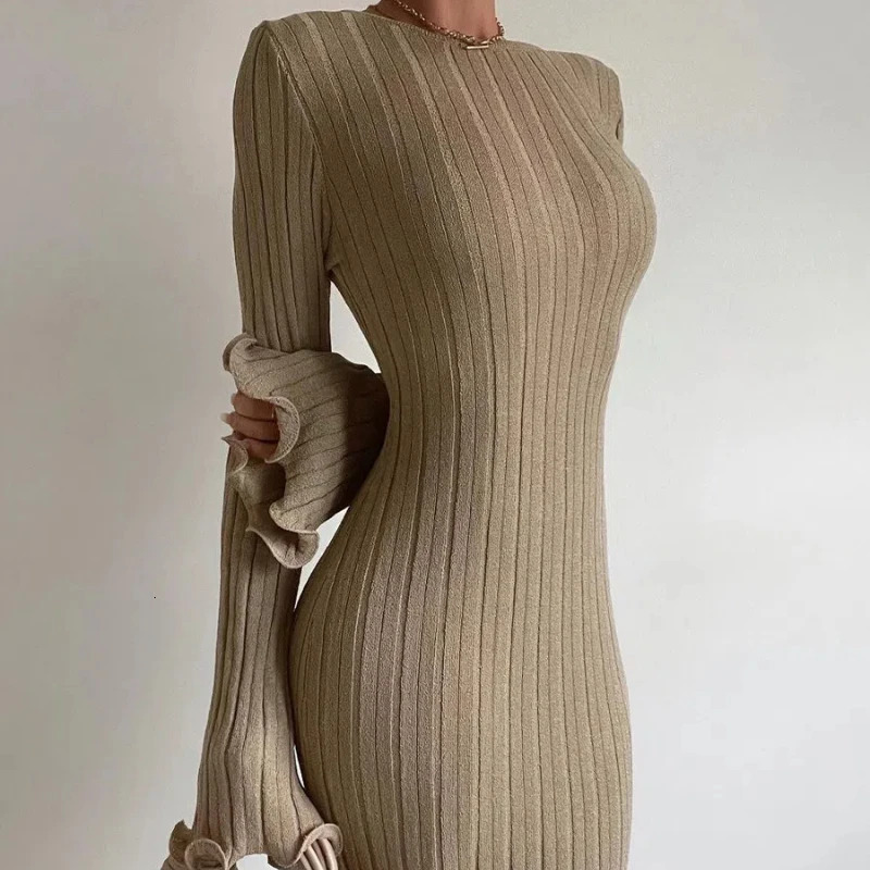 Autumn Sexy Hip Hugging Womens Ruffled Long Sleeved Knitted Dress 241031