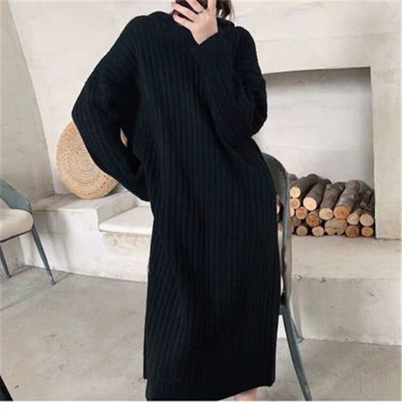 Long Over Knee Hooded Knitted Sweater Women Autumn Winter New Style Loose And Lazy Wind Driven Fur Dress Fashionable Base Dress For Women F1101#45