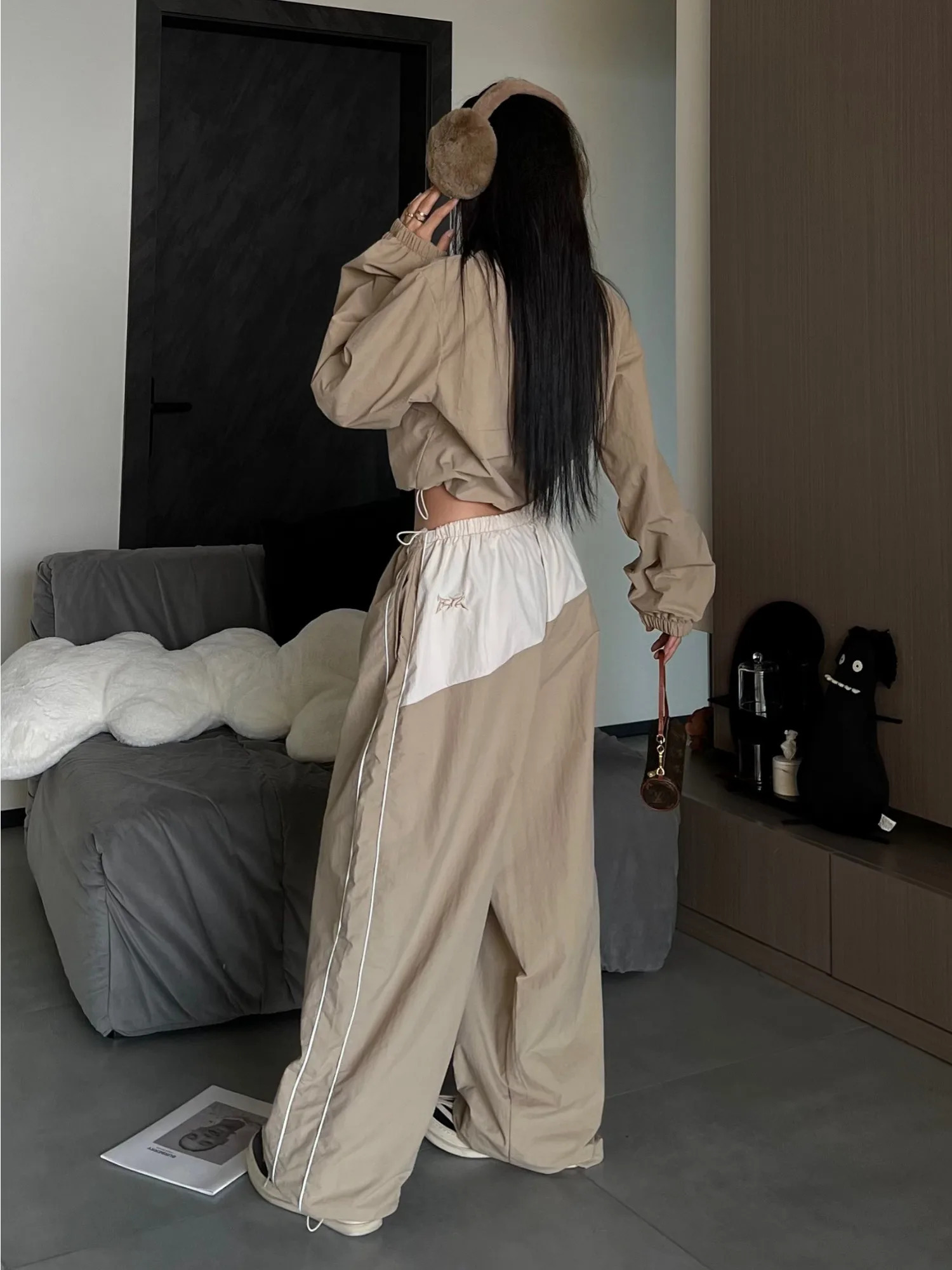 QWEEK Y2K Streetwear Khaki Pants Sets Women Gorpcore Vintage 90s Beige Tracksuit Oversized Kpop Fashion Harajuku Two Piece Set 240320