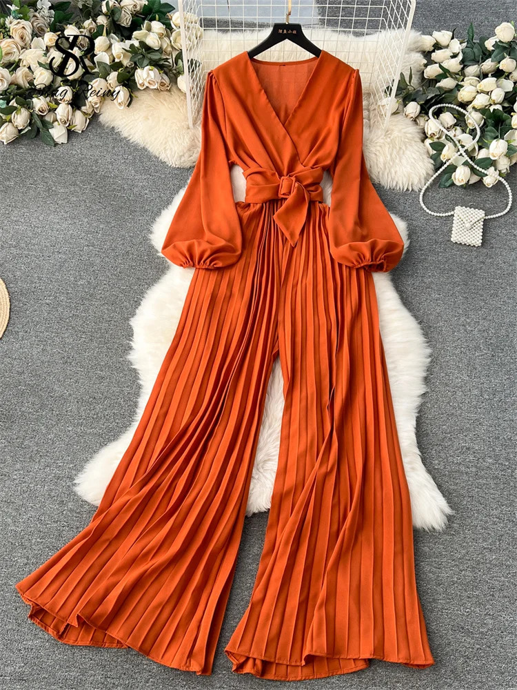 SINGREINY V Neck Jumpsuits for Women Long Puff Sleeve Belt Loose Wide Legs Pleated Pants Streetwear Fashion OL Bodysuits 241031