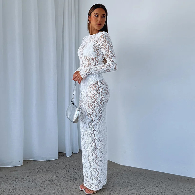 See Through Lace Maxi Bodycon Dress Women Sexy Long Sleeve Hollow Party Club Dresses Black White Streetwewar Female Outfits 241031