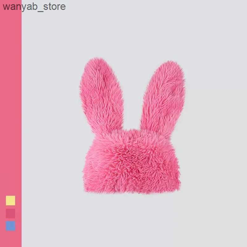 Wide Brim Hats Bucket Hats 2023 New Rabbit Ears Beanies Korea Ins Niche Cute Rose Red Plush Pullover Cap Winter Warm Keeping Funny Photography Womens 