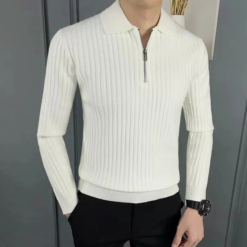 Light Business Vertical Stripe Polo Sweater Mens Autumn and Winter Leisure Slim Fit Handsome Knitwear Pullover Half Zip Top 241031