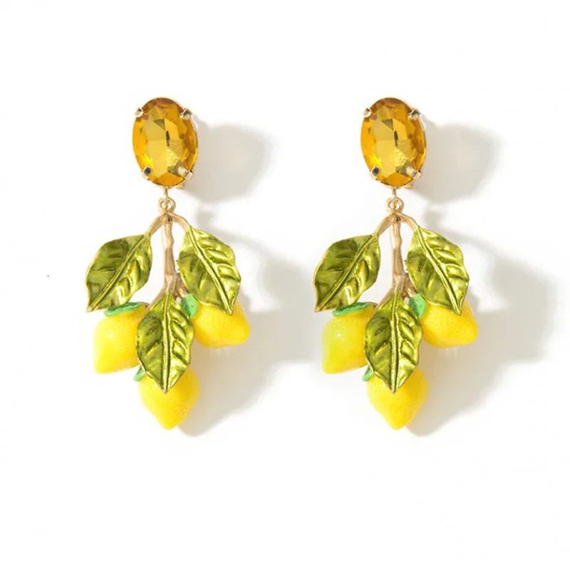 Fashion Summer Crystal Bohemian Lemon Fruit Womens Drop Earrings Yellow Leaf Earrings Pendant Baroque Statement Earrings Jewelry 241031