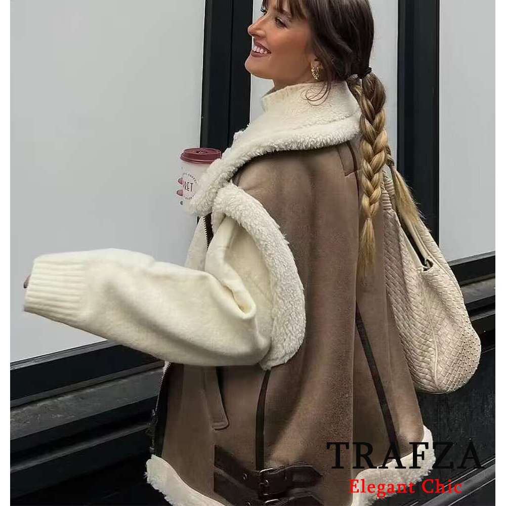 TRAFZA Fall Suede Fleece Women's Zipper Pocket High-Collar Coat New 2024 Fashion Casual Winter Oversize Vest