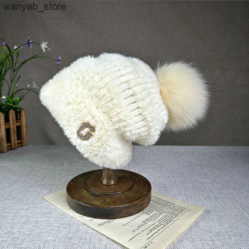 Wide Brim Hats Bucket Hats New plush and warm woolen hat for women versatile for autumn and winter fox fur ball knitted hat pile up ear protection hat