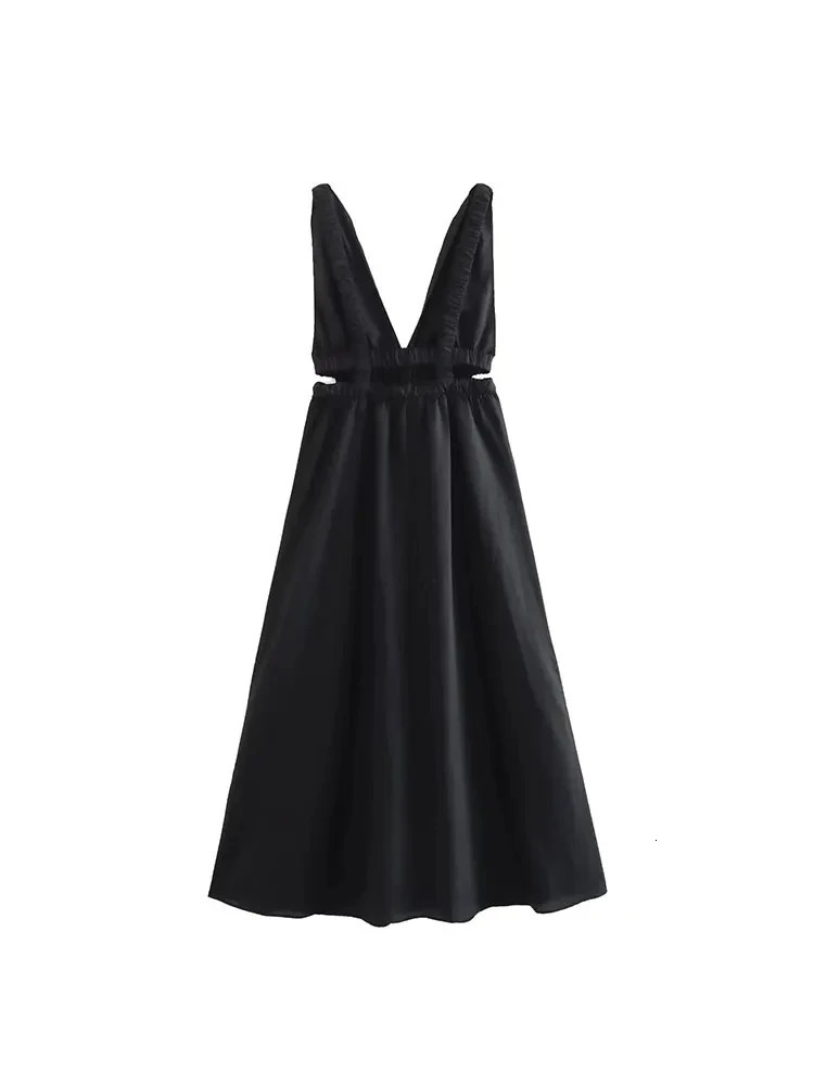 Nlzgmsj TRAF Summer Women Dress Chic Slim Vneck Waist Hollow A Holiday Elegant Street Clothing 240325