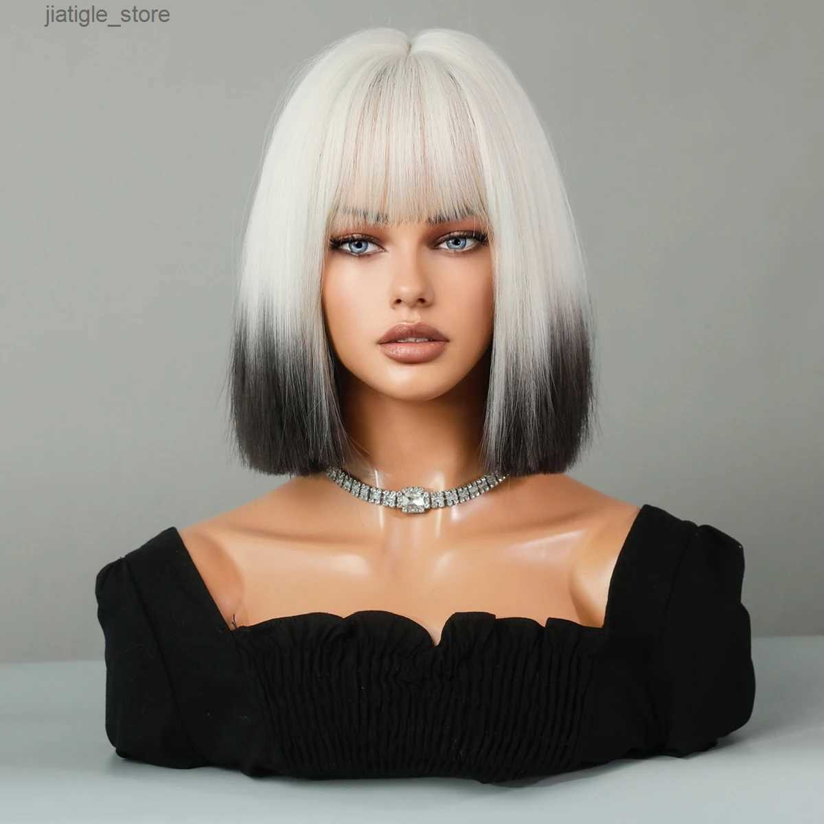 Synthetic Wigs NAMM Short Beige Wigs With Bangs Natural Synthetic Hair Wig for Women Daily Cosplay Lolita Party Hair Tail Dyed Black Wig Y240401