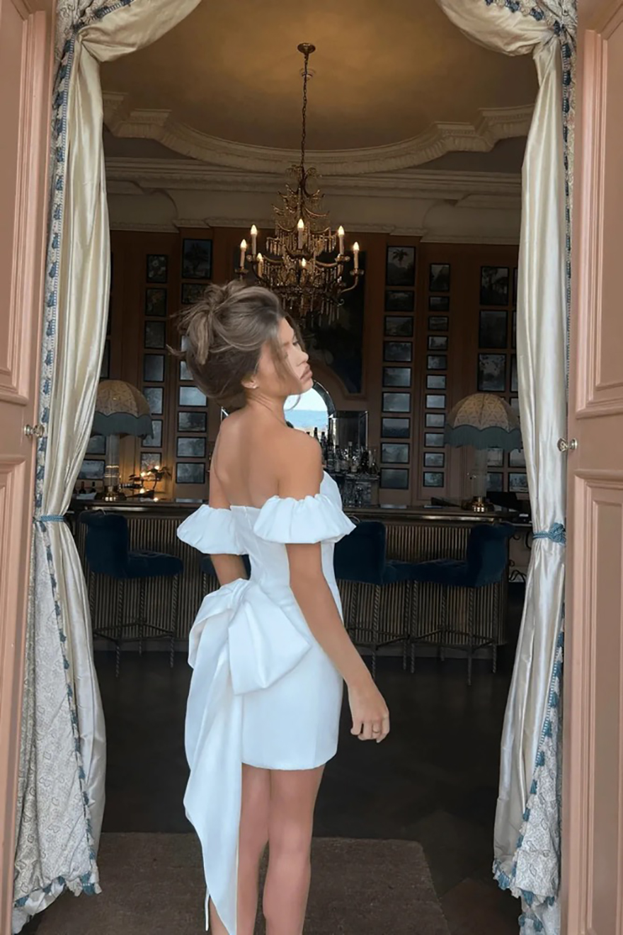 Modern Satin Sheath Wedding Dresses With Removabla Bow Ribbon Puff Short Sleeves Bridal Gowns Mini Little White Dress Brides Second R