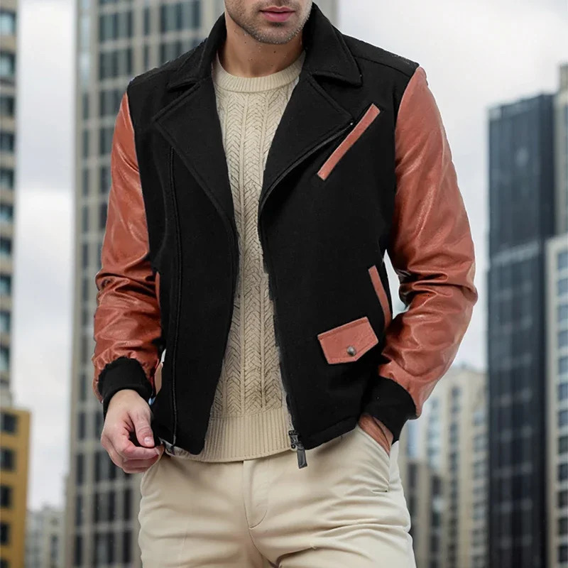 Autumn Winter Mens Casual Sports Loose Stand Collar PU Leather Color block Jacket Streetwear Fashion Zipup Lapel Jackets 241031