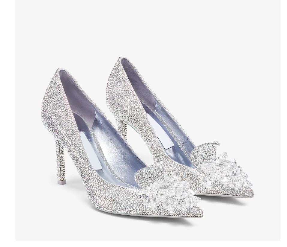 Heart shaped crystal embellished rainbow colored pointed high heels with smooth curved upper, leather lining, heel height of 8.5 cm/3.3 inches EU 35-43
