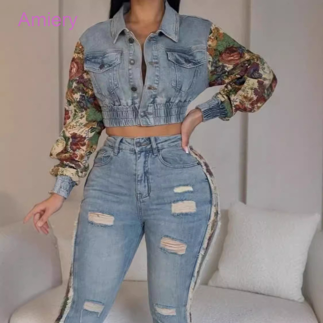 Denim Floral Ptinted Patchwork Two Piece Set Women 2024 Fall Winter INS Tracksuit Full Sleeve Jacket And Ripped Jeans Pants Casual Suit 2PCS Sets For 