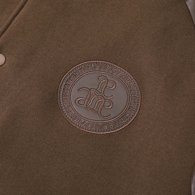 Mens embroidery patch work wool bomber jacket retro leather pilot jacket casual loose Pu baseball jacket men 241031 - view 6