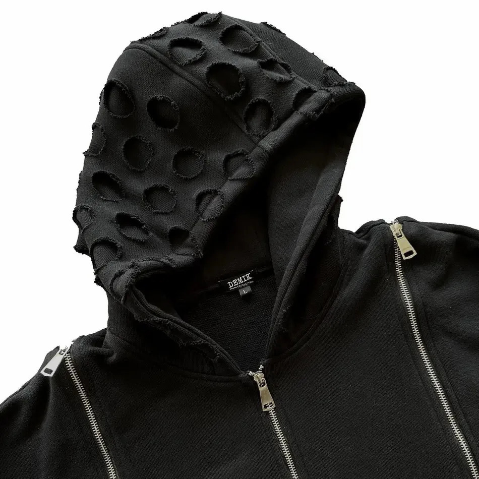 Y2K Hollow Zipper Hooded Sweatshirt Men Women Clothing Harajuku Gothic Detachable Sleeves Black Hoodie Hole Tops 241031