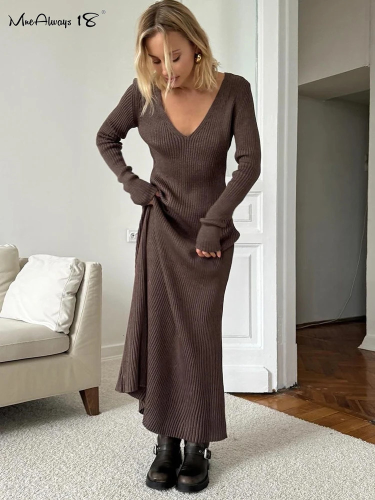 Mnealways18 V-Neck Elegant Women Ribbed Knitted Dress Autumn Winter 2024 Long Sleeves Ankle-Length Office Ladies Dress Bodycon 241031