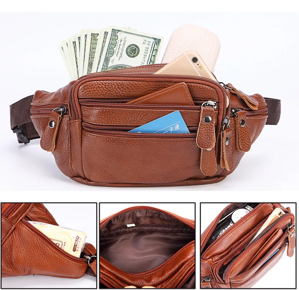 Fashionable mens leather phone bag mens leather messenger bag mens travel waist bag 241031