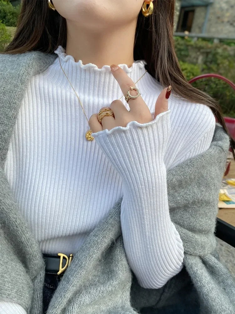 ZJAISS 2024 Long Sleeve Ruffles Turtleneck Slim Jumper Soft Warm Pull Femme Autumn Winter Sweater Women Knitted Ribbed Pullover 241031