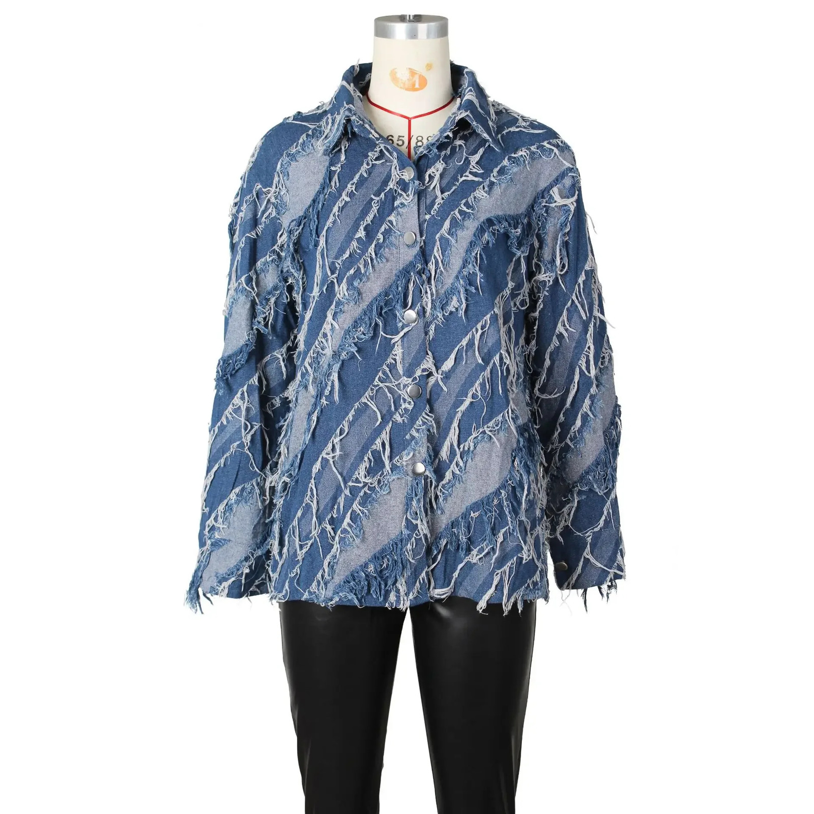 CM.YAYA Women Colorblocked Washed Tassel Long Sleeve Single Breasted Loose Denim Jacket Coat Streetwear Jean Outweat 241031