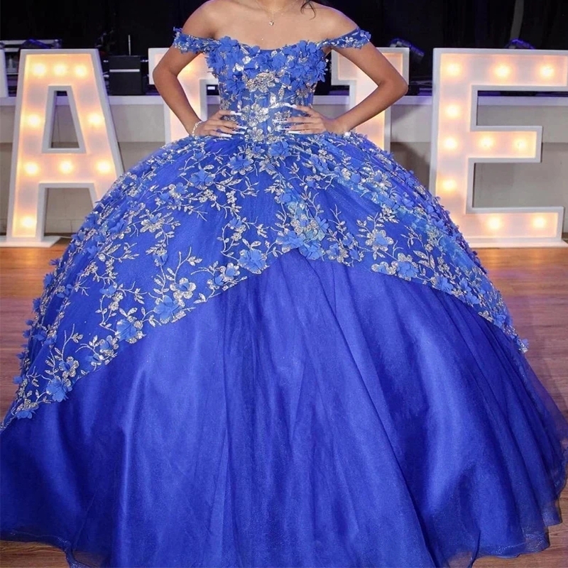 Blue Royal Shiny Quinceanera Dresses Ball Gown Off The Shoulder D Wers Sequined Applique Lace Beads Tull Corset Vestidos De Anos Sweet Dress e ress