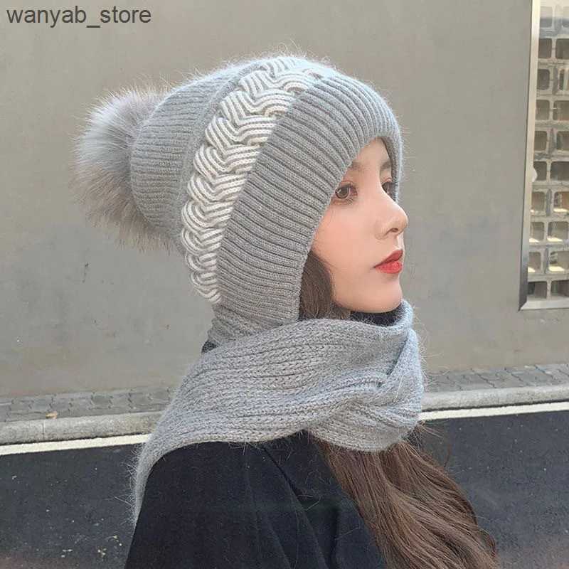 Wide Brim Hats Bucket Hats Scarf One Piece Hat Women Winter Cycling Windproof Woolen Hat outdoor Thickened Knitted Hooded Cap Shawl hats neck warmer b