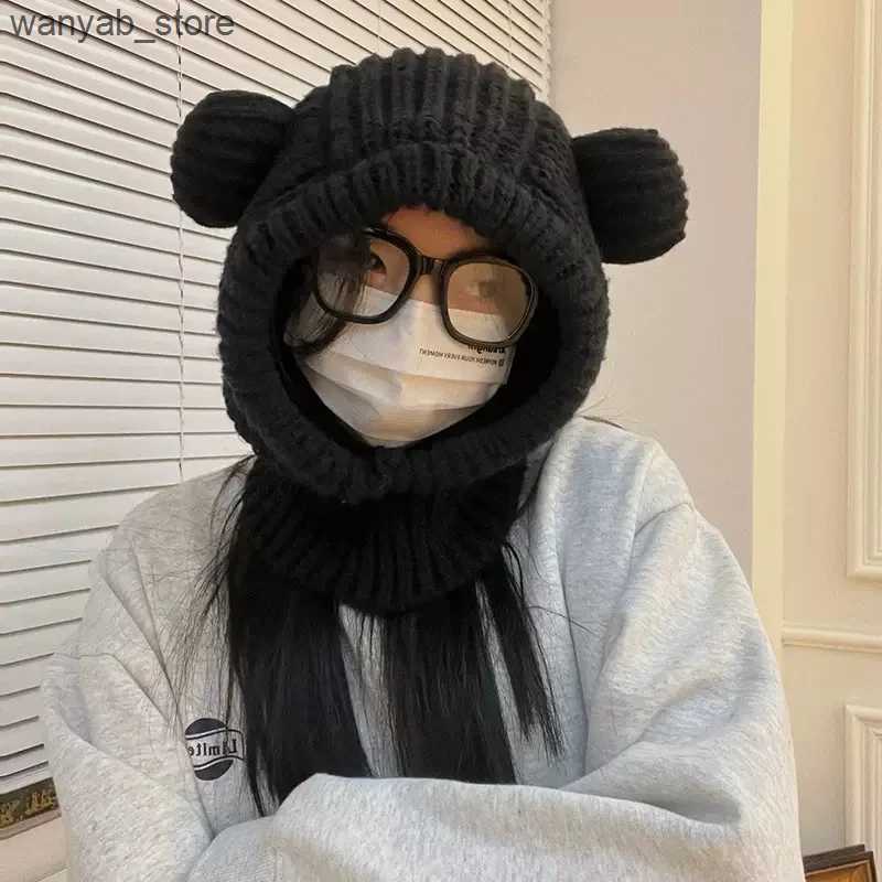 Wide Brim Hats Bucket Hats NEW Lovely Womens Fashion Knitted Hat Caps Cute Bear Ears Adult Soft Plush Thickened Outdoor Ear Protection Warm Hat Female