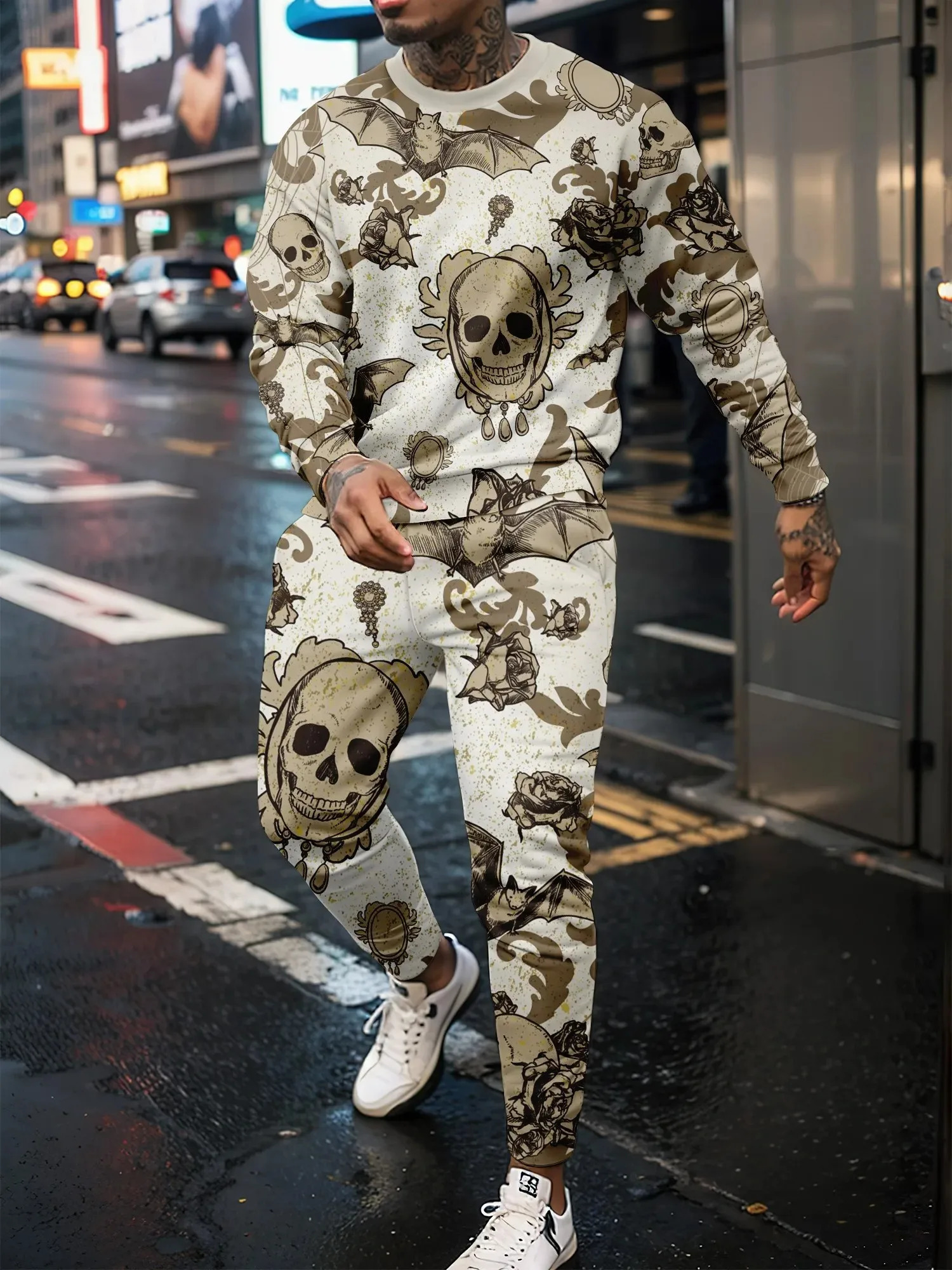 Latest Retro Mens Tracksuit Set 3D Skull Printed Personalized Pullover Long Pants Street Youth Fashion Loose High Quality Sets 241024