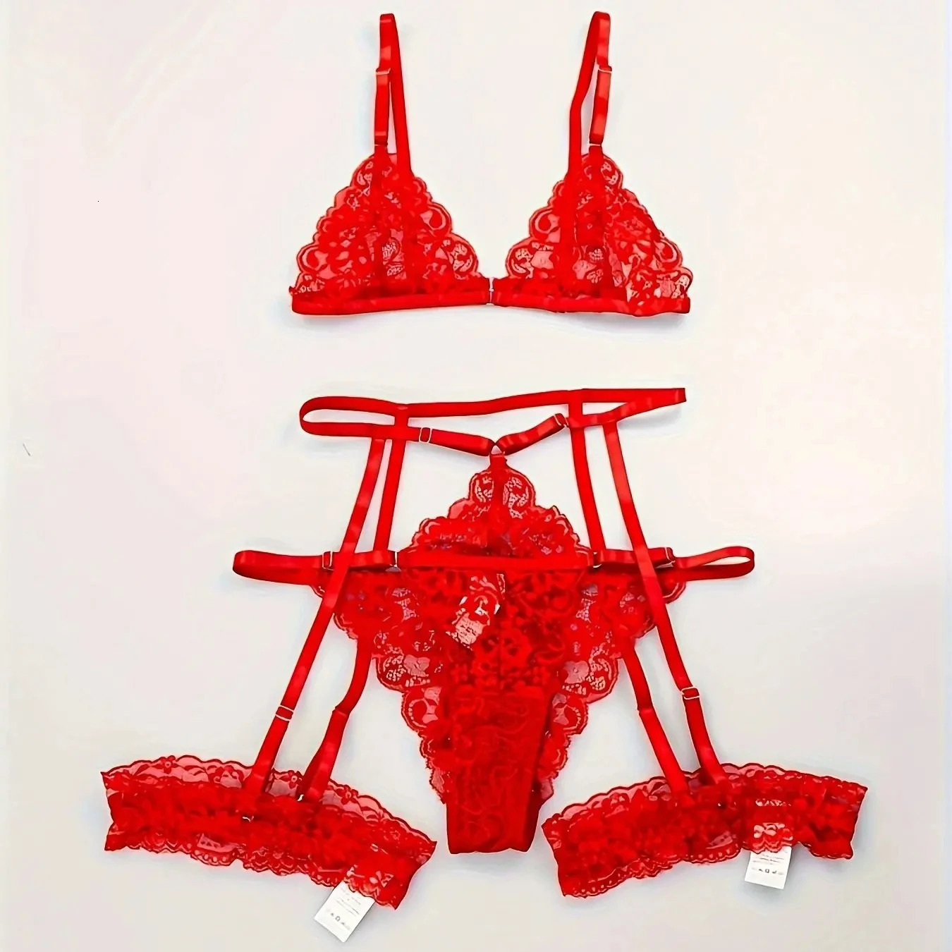 Sexy Lingerie Women Thin Transparent Lace Bra Set See Through Female Erotic Underwear 3 Piece Set Sleepwear Suit Ropa Mujer 241031