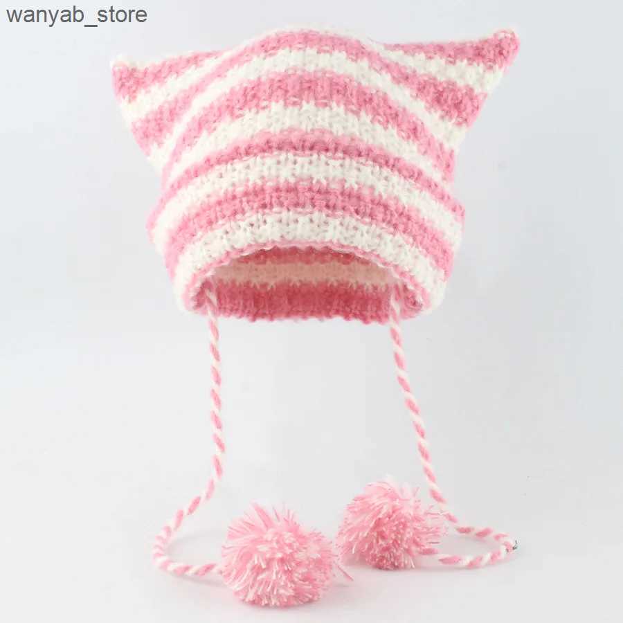 Wide Brim Bucket Hats Japanese Y2K Cute Black White Striped Cat Ears Wool Women Autumn Winter Warm Little Devil Hanging Ball Knitted Beanie Hat L24091