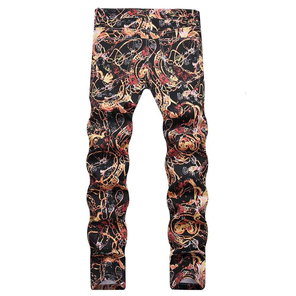 Men Flower Chain Digital Print Pants Fashion Slim Tapered Stretch Denim Jeans Streetwear Black Trousers 241024