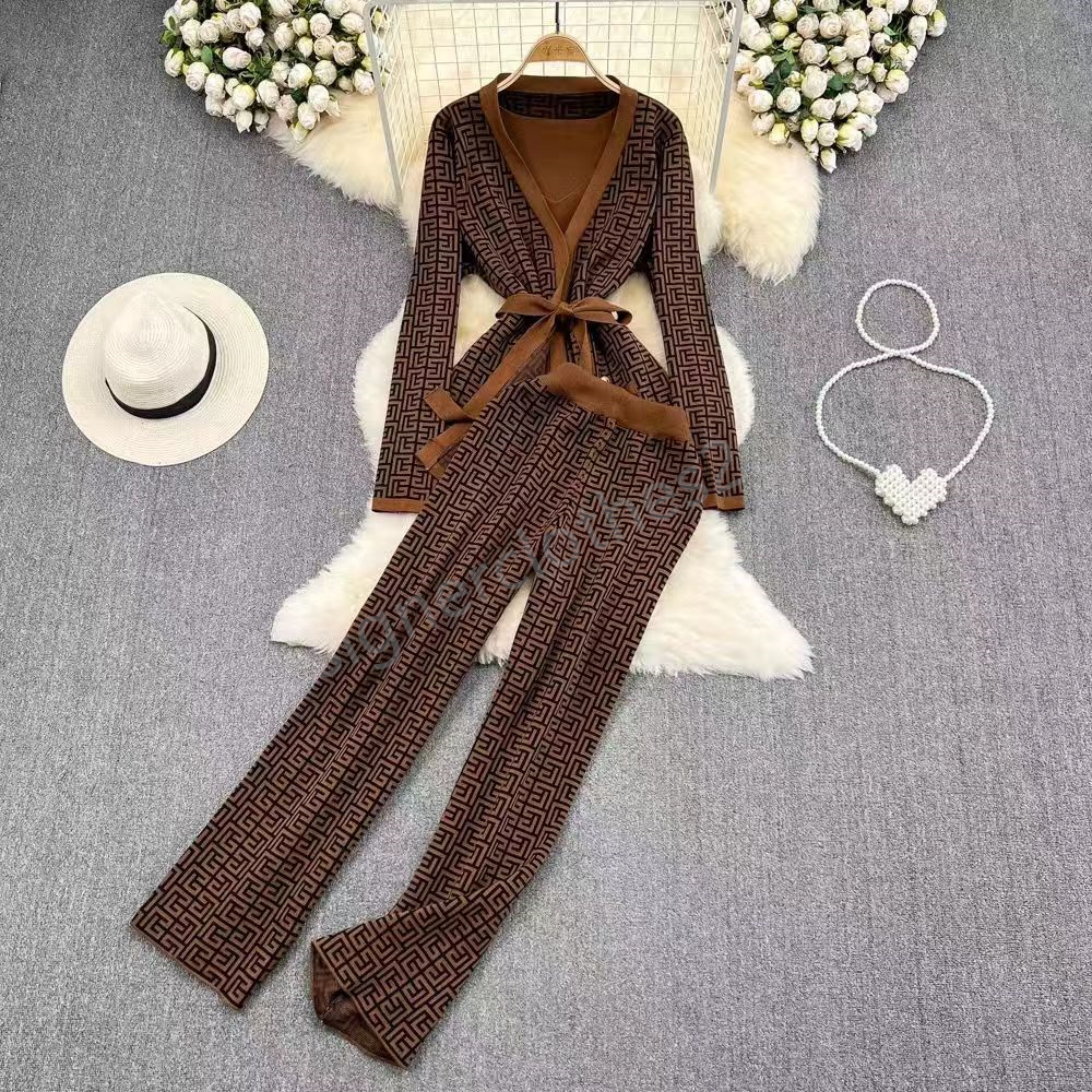 designer women two pcs pants long sleeves long pants knitting strechy clothes knitted cardgan casual outfit office cloth graphic pattern-2
